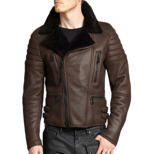 Men's Cafe Racer Brown Sheepskin Leather Black Fur Shearling Jacket Men's Cafe Racer Brown Sheepskin Leather Black Fur Shearling Jacket