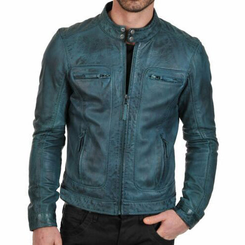 Men's Cafe Racer Distressed Biker Leather Jacket