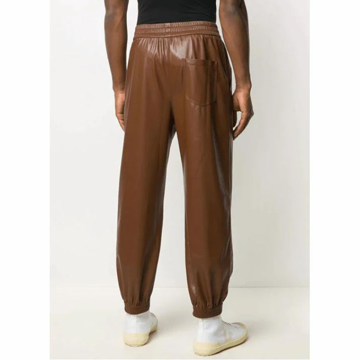 Men's Dark Brown Leather Pant With Rib Knit Ankles