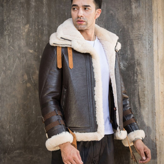 Men's Dark Brown Leather Sheepskin Shearling Coat Aviator Jacket Men's Dark Brown Leather Sheepskin Shearling Coat Aviator Jacket