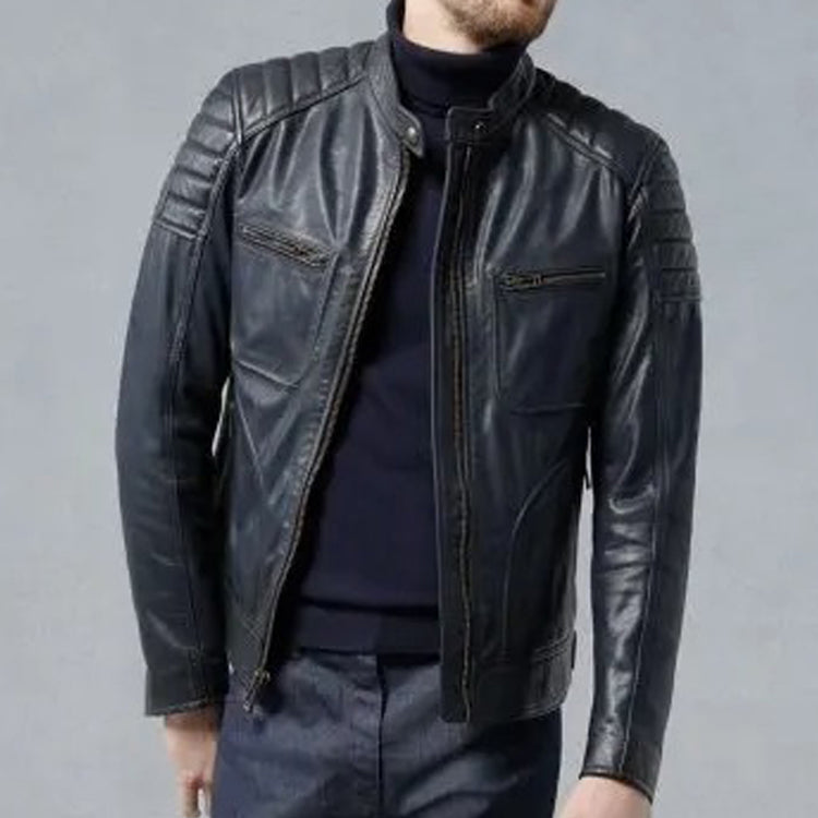 Men's Deep Navy Leather Moto Jacket with a Modern Quilted Design