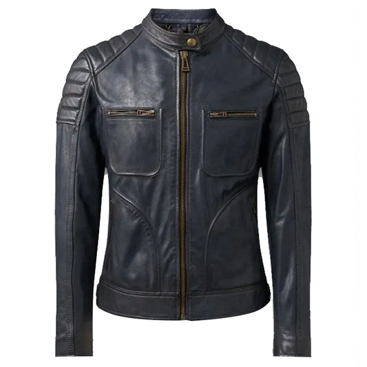 Men's Deep Navy Leather Moto Jacket Men's Deep Navy Leather Moto Jacket with a Modern Quilted Design