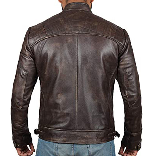 Men's Distressed Dark Brown Cafe Racer Leather Jacket with Stand Collar