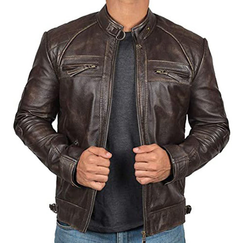 Men's Distressed Dark Brown Cafe Racer Leather Jacket with Stand Collar