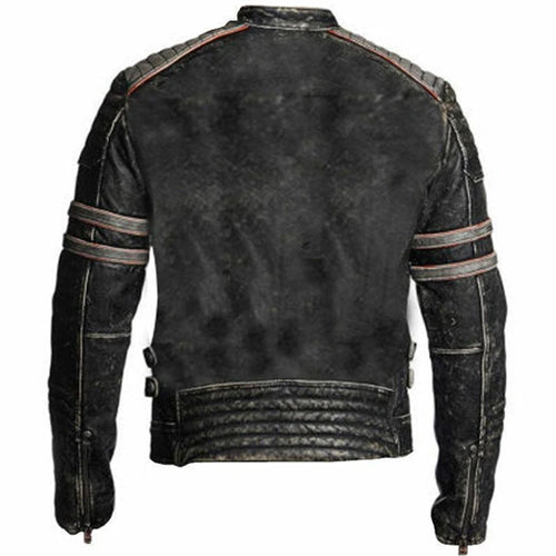 Men's Distressed Dark Grey Cafe Racer Jacket with Stripes