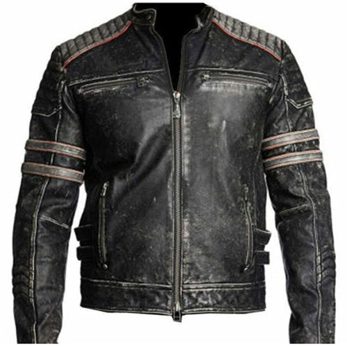 Men's Distressed Dark Grey Cafe Racer Jacket with Stripes
