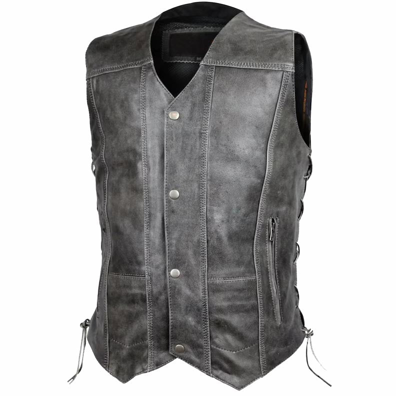 Men's Distressed Grey Cowhide Leather Vest