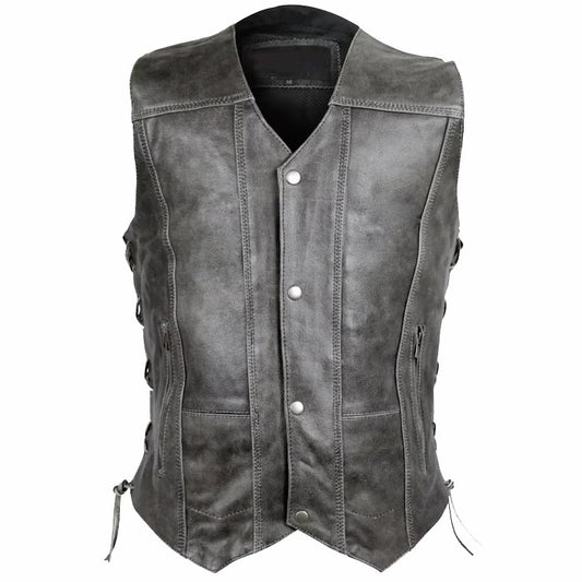 Men's Distressed Grey Cowhide Leather Vest