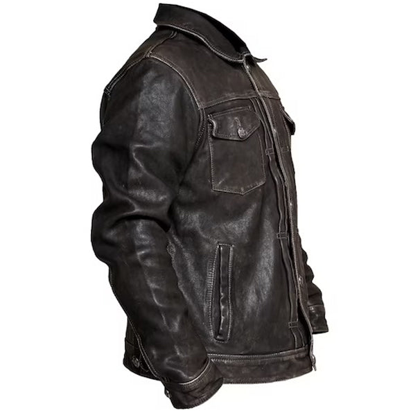 Men's Distressed Leather Trucker Jacket