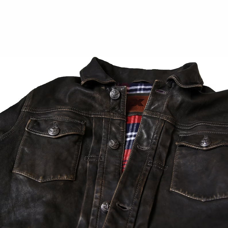 Men's Distressed Leather Trucker Jacket