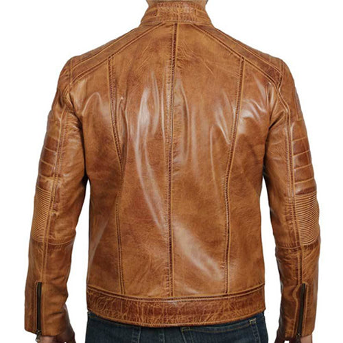 Men's Distressed Tan Brown Cafe Racer Jacket with Stand Collar