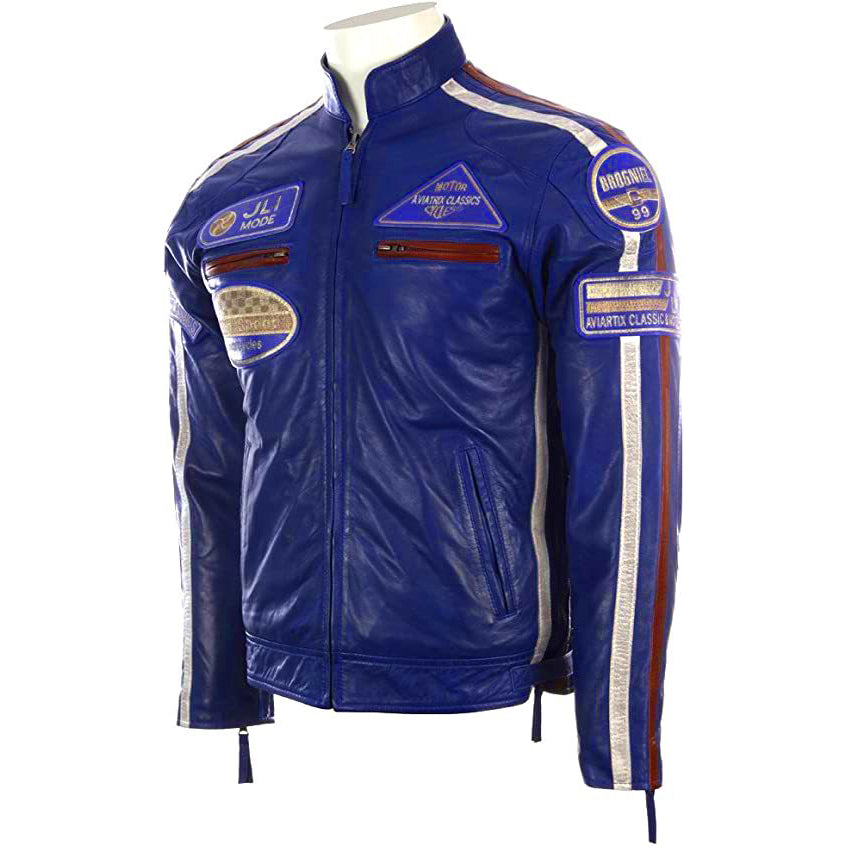 Men's Genuine Leather Biker Jacket with Patches