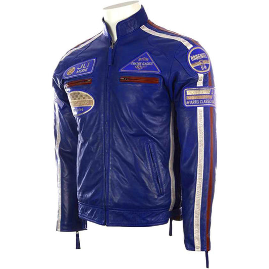Men's Genuine Leather Biker Jacket with Patches