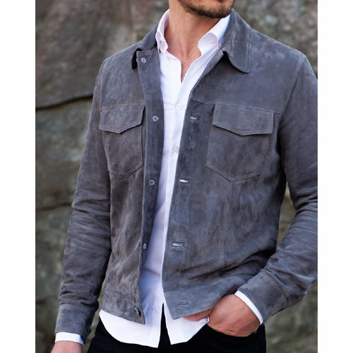 Mens Gray Suede Leather Trucker Jacket