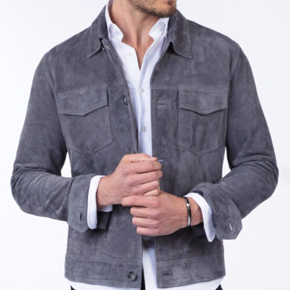 Mens Gray Suede Leather Trucker Jacket