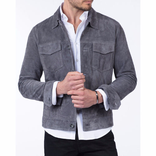 Mens Gray Suede Leather Trucker Jacket