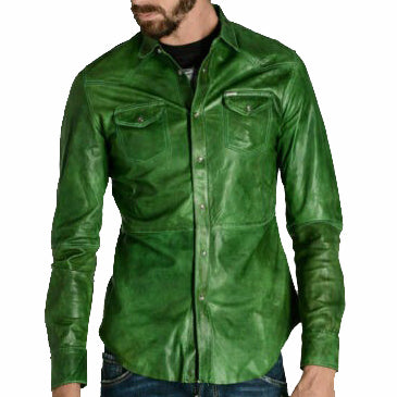 Men's Green Premium Lambskin Leather Shirt Men's Green Premium Lambskin Leather Shirt