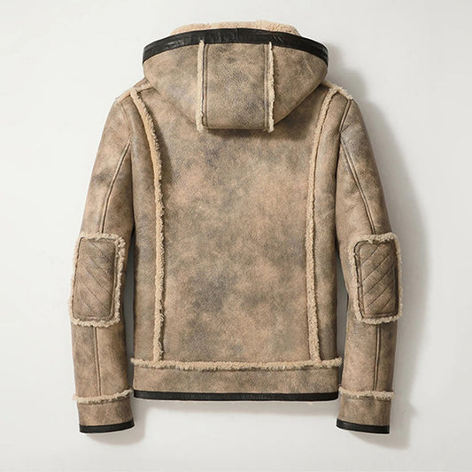 Men's Hooded Casual Sheepskin Shearling Fur Jacket