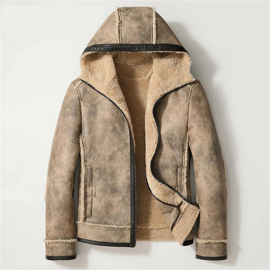 Men's Hooded Casual Sheepskin Shearling Fur Jacket Men's Hooded Casual Sheepskin Shearling Fur Jacket