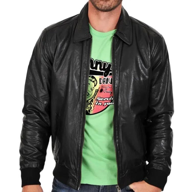 Men's Lightweight Black Leather Bomber Jacket with Zipper