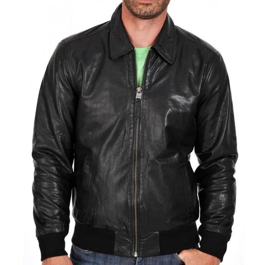 Men's Lightweight Black Leather Bomber Jacket with Zipper