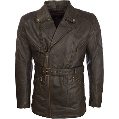 Men's Real Cowhide Leather Belted Motorbike Coat