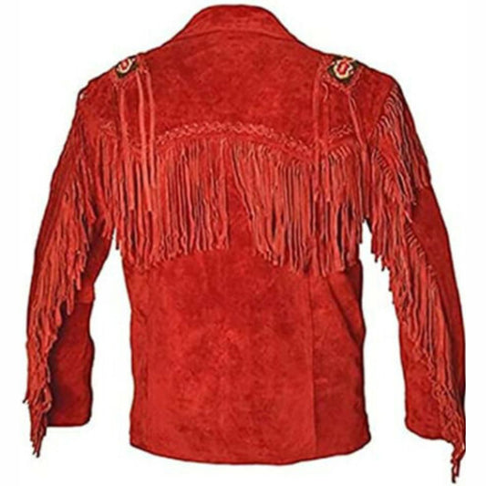 Men's Red Leather Cowboy Jacket with Cropped Fringe