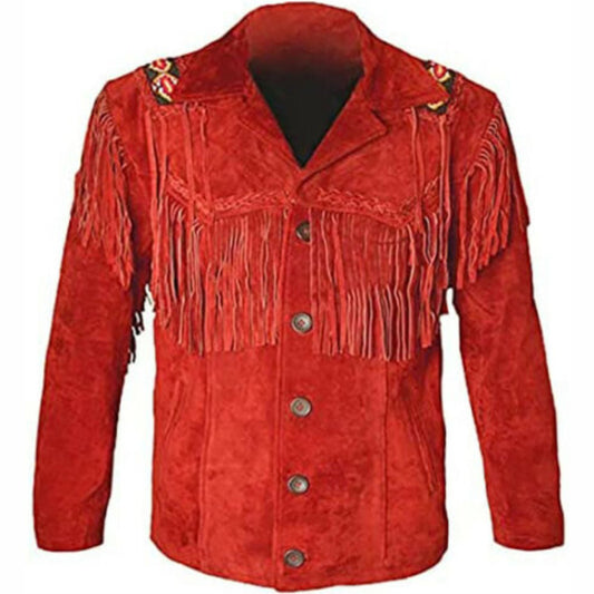Men's Red Leather Cowboy Jacket with Cropped Fringe