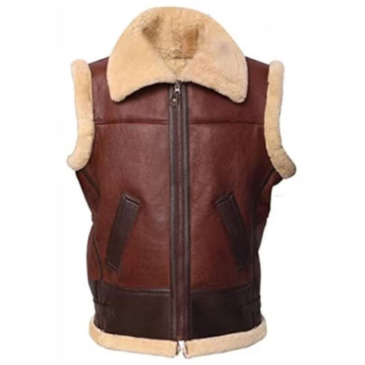 Men's Reddish Brown Faux Shearling Sheepskin Leather Vest Men's Reddish Brown Faux Shearling Sheepskin Leather Vest