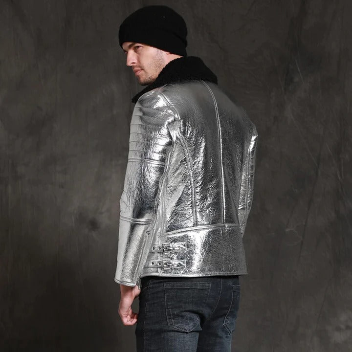 Men's Shinny Sheepskin Shearling Silver Leather Jacket