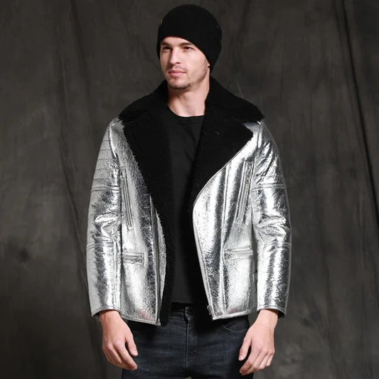 Men's Shinny Sheepskin Shearling Silver Leather Jacket