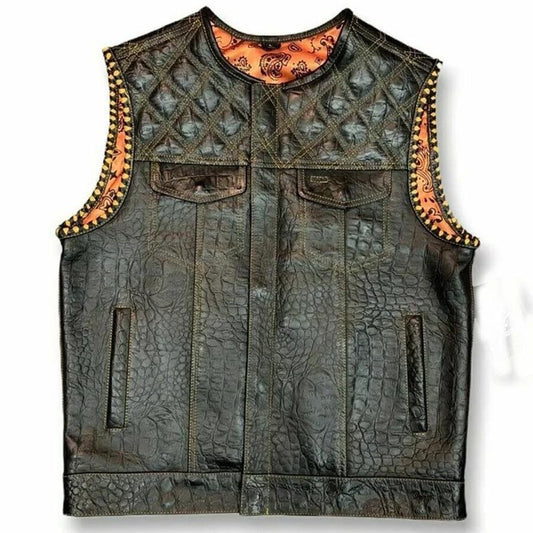 Men's Snake Yellow Diamond Quilted Motorcycle Biker Vest Men's Snake Yellow Diamond Quilted Motorcycle Biker Vest