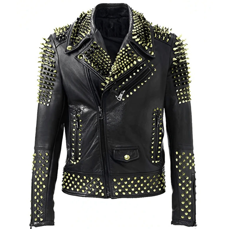 Men's Studded Biker Leather Jacket Black