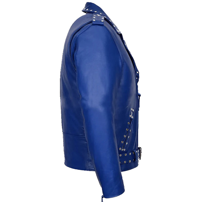 Men's Studded Blue Leather Biker Jacket