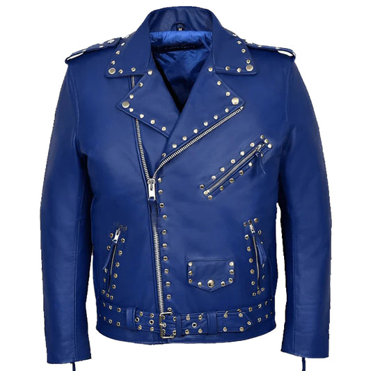 Men's Studded Blue Leather Biker Jacket Men's Studded Blue Leather Biker Jacket