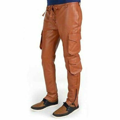 Men's Tan Cargo Style Leather Pant