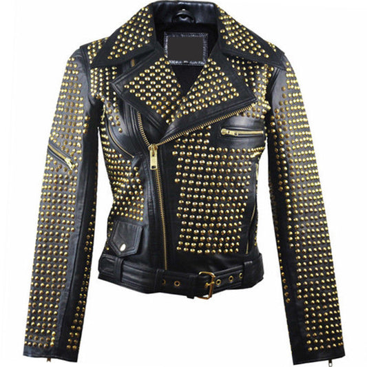 Men's Vintage Club Style Black Golden Studded Brando Biker Belted Leather Jacket