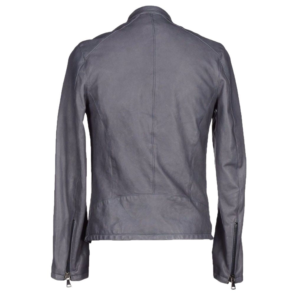 Mens Slim Fit Grey Leather Motorcycle Jacket Back