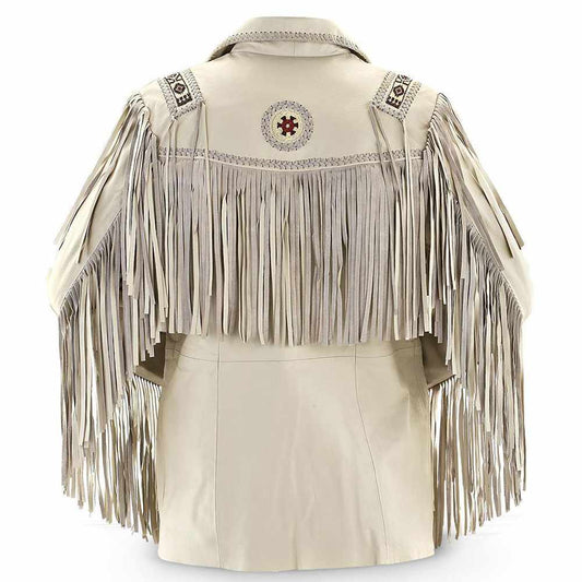 Native American Beige Suede Fringe Bone Leather Jacket in back view