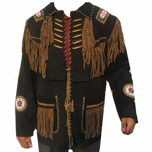 Native American Black Suede Fringe Western Leather Jacket frontview