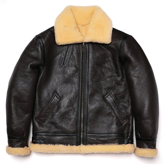New Brown Shearling Sheepskin Flight Jacket Coat