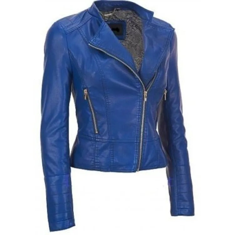 New Women's Blue Leather Motorcycle Jacket