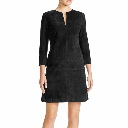 Nubuck Leather Mini Party Dress For Women in black