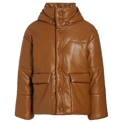 Men's Puffer Leather Bomber Jacket in Brown