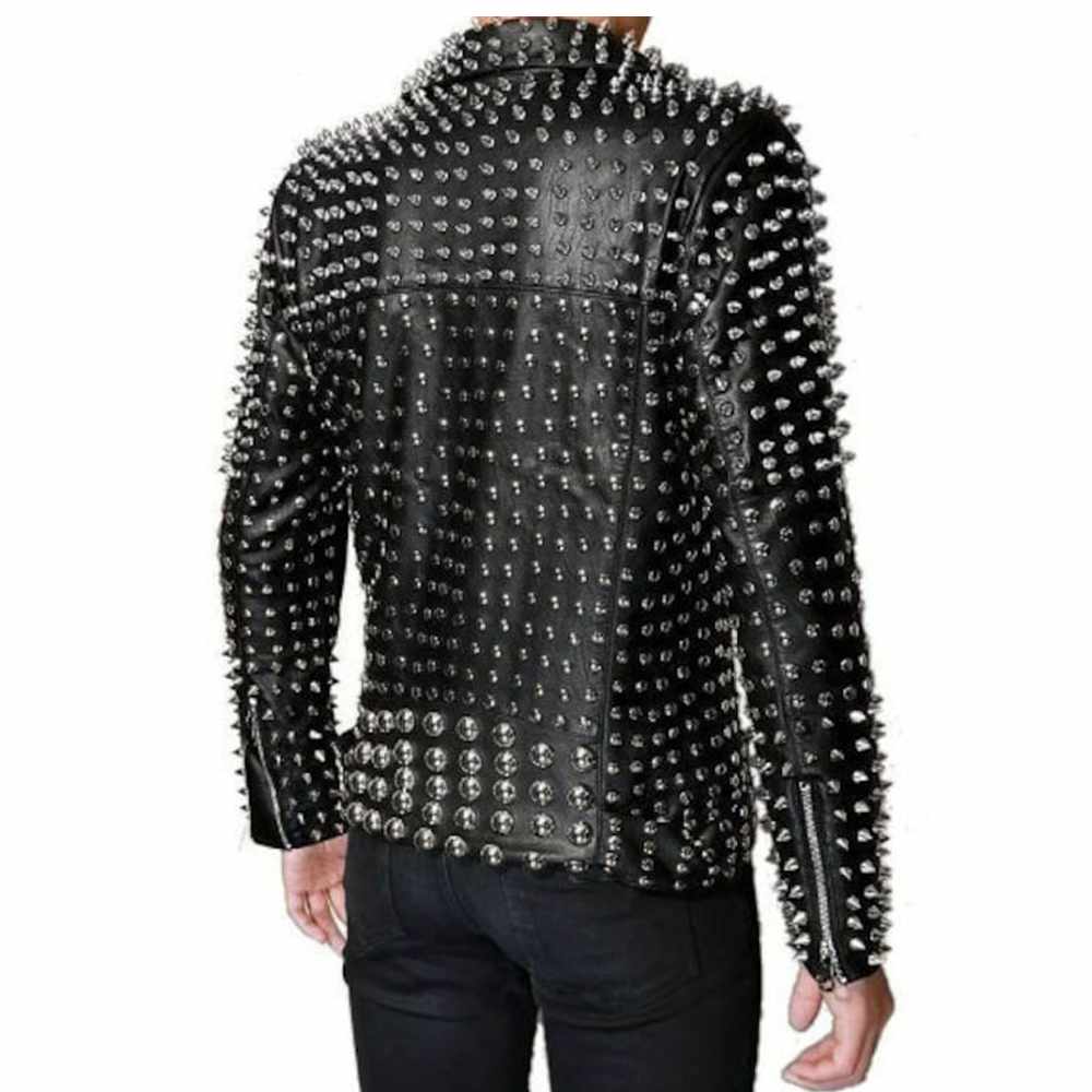 Punk Rock Silver Studded Brando Black Leather Jacket Men