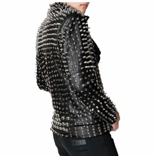 Punk Rock Silver Studded Brando Black Leather Jacket Men
