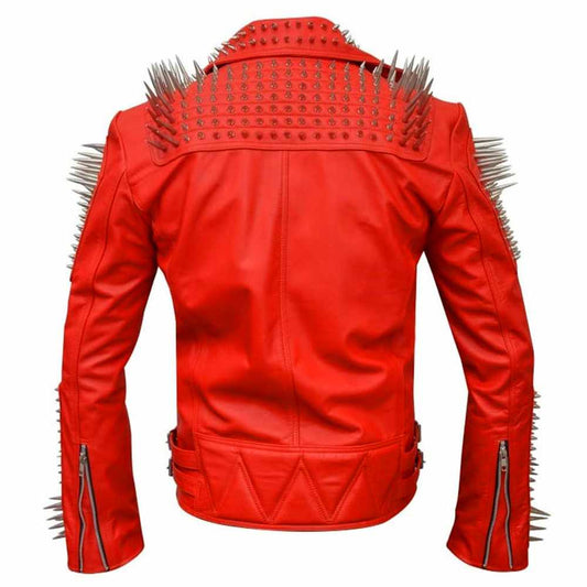 Punk Studded Spikes Biker Red Leather Fashion Jacket