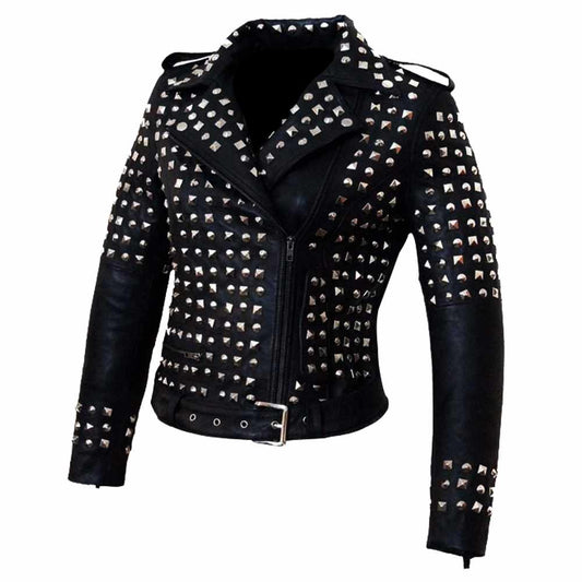 Women’s Studded Black Biker Leather Jacket in side view