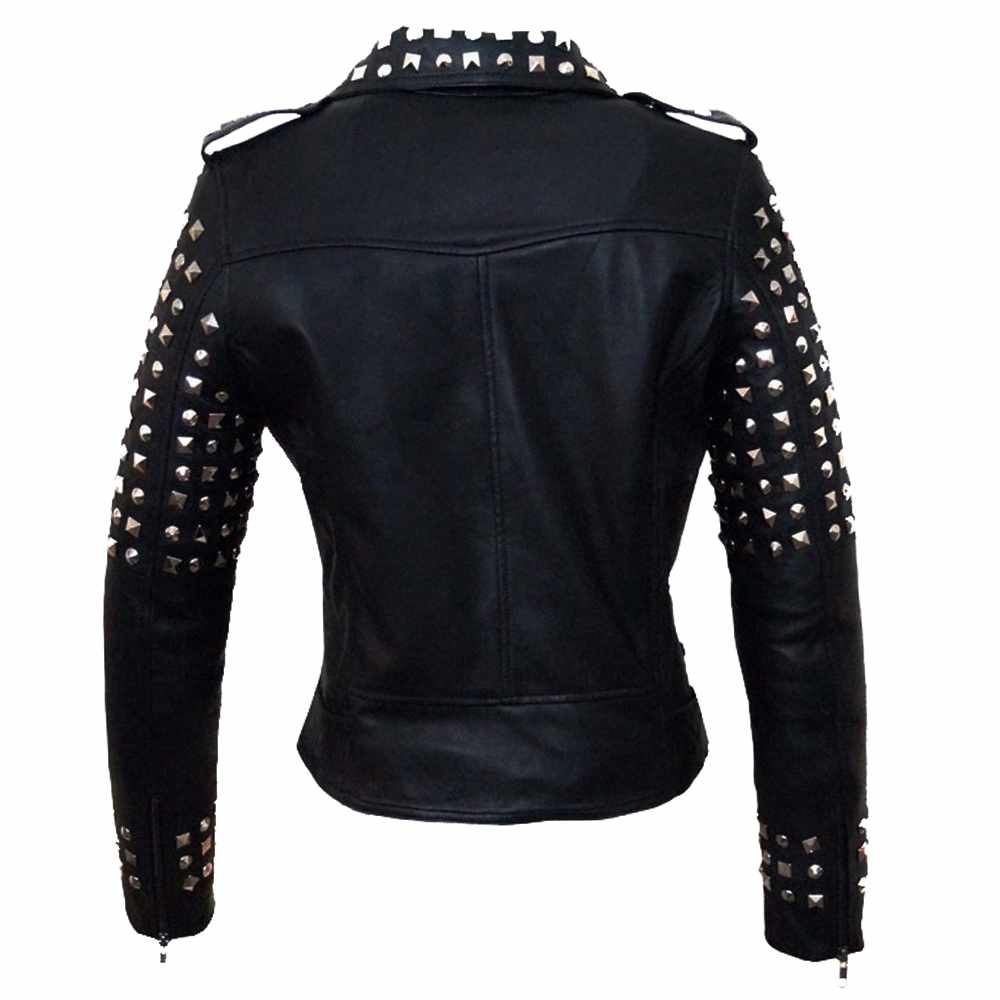 Women’s Studded Black Biker Leather Jacket in back view