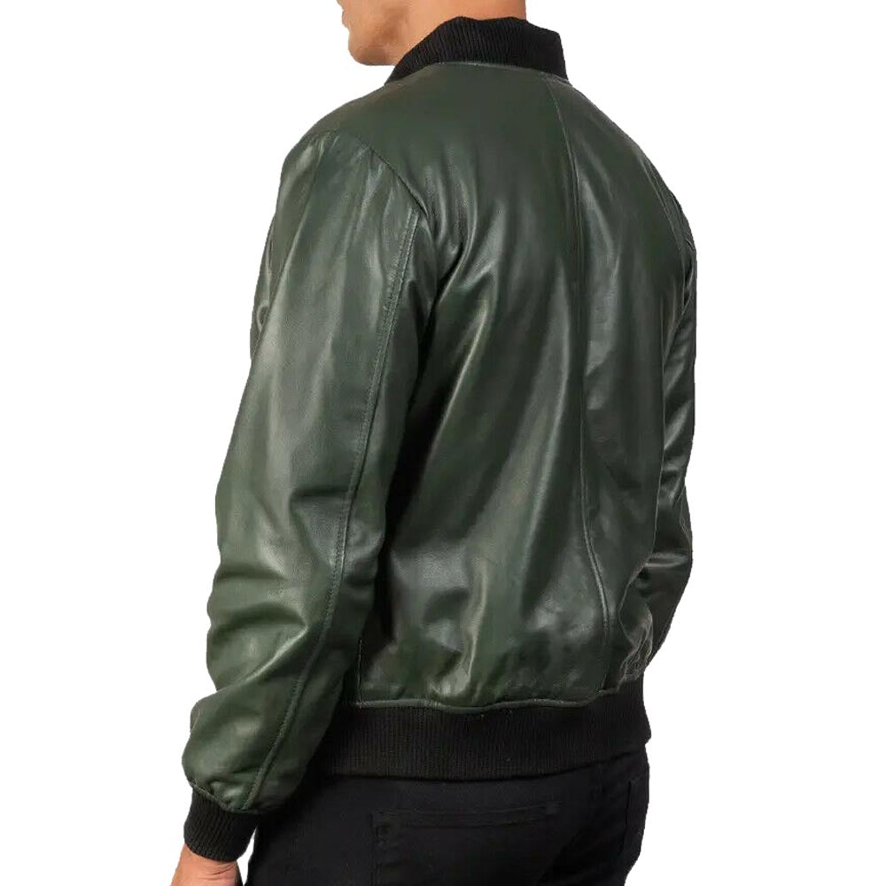 Real Leather Motorcycle Bomber Jacket In Green